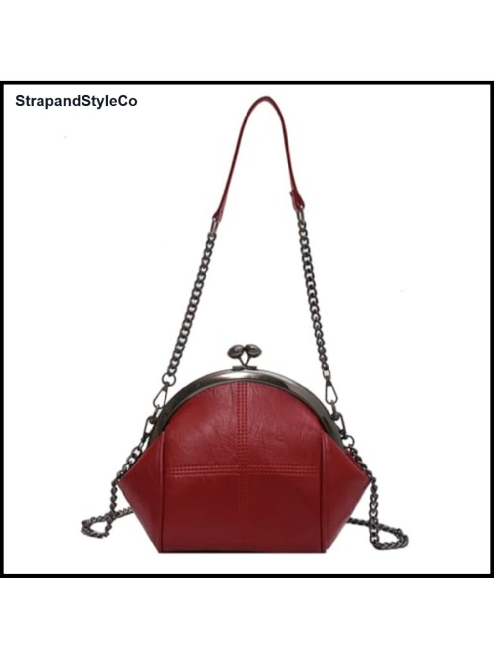 PU Leather Kiss Lock Satchel Bag Chain Crossbody Evening Clutch